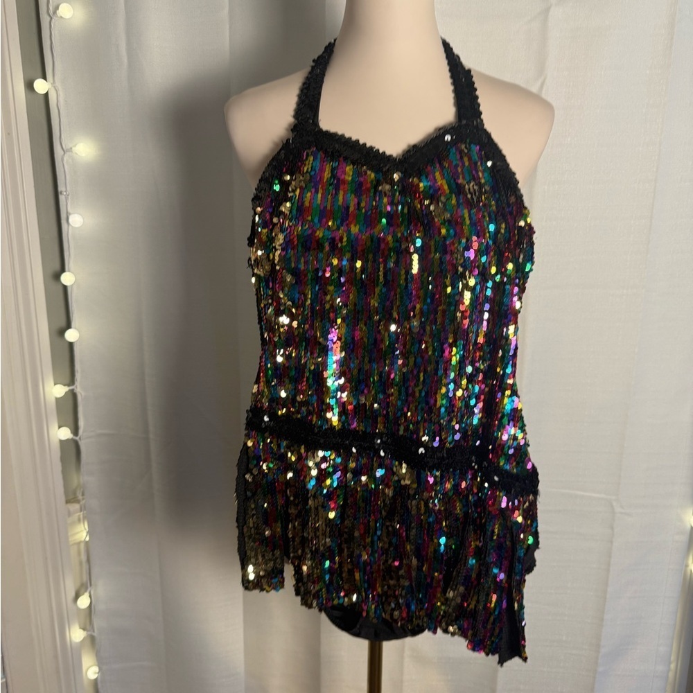 Glamour Costumes Dance Black and Blue Sequin Halter One Piece